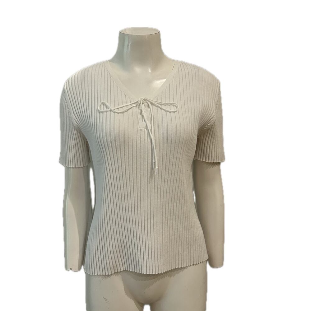 Vintage White Lace up Knit Top Ribbed Sweater Tee Short Sleeve - M/L -